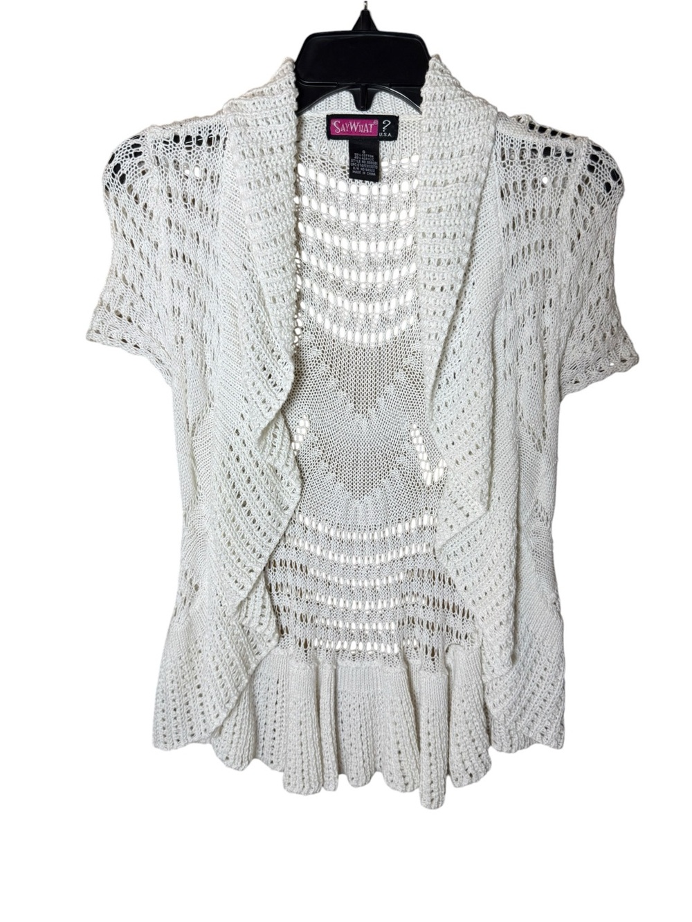 Say What? White Open-Knit Short Sleeve Draped Collar Boho Cardigan Size Small - Picture 2 of 6